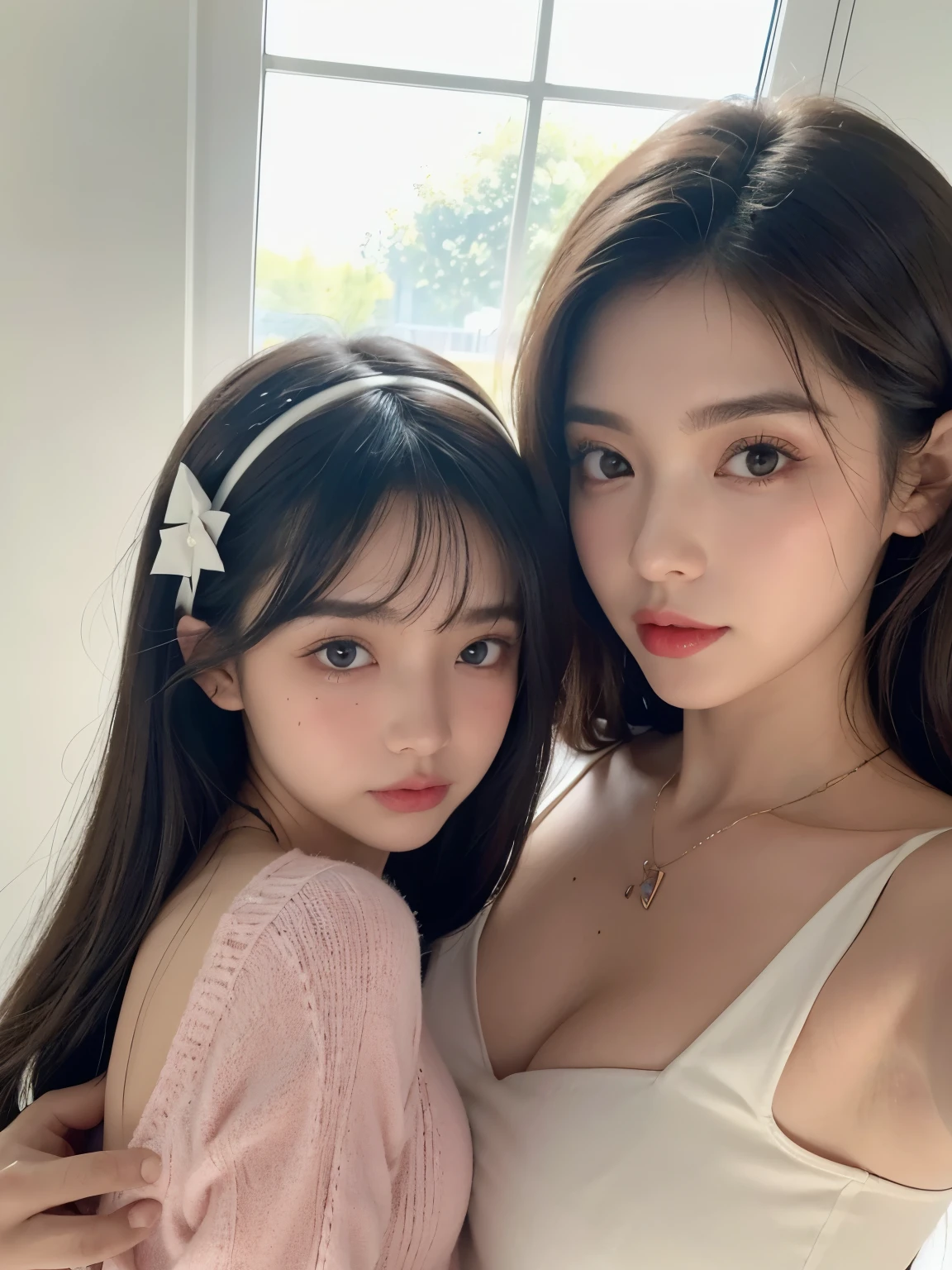 Kim Jennie with white brown hair, con rulos en las puntas, with two bows on each side of the hair, all her hair white brown, with a star clip in her white brown hair, ojos de color claro, ojos bonitos, ojos llorosos, nariz bonita y respingada, nariz lloroso, labios bonitos, labios rosas, heart and cupid shaped lip, piel bonita, pale, piel blanca, con lunares y pecas en todo el rostro, rubor rosa suave en las mejilla, rubor rosa natural, maquillaje suave y rosa, jennie, cuello bonito, cuello marcado, frown, mirada tierna, con un collar de beso, un collar bonito de beso, parecido a Yumeko Jabami, mientras lleva puesto un Crochet YK2, de lana, with a YK2 style brown mini skirt, mientras lleva una casaca con estampados de ositos, mientras tiene el abdomen desnudo, delgado, marcado y bonito, (pechos grandes, pechos suaves, pechos bonitos), estilo YK2, mirando a la camara, autofoto, selfie bonita