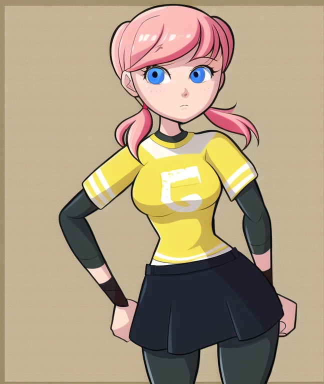 1girl, Hilda, pink hair, pigtails, black pantyhose, shiny pantyhose, yellow tshirt, black sleeves
