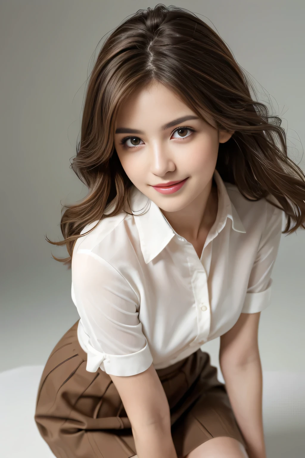 whole body, highest quality, practical, Super detailed, finely, High resolution, 8k wallpaper, One beautiful woman,, Light brown messy hair, Wear a white collared shirt,Short skirt, Clear focus, Perfect dynamic composition, Beautiful and delicate eyes, Thinning hair, Detailed practical skin texture, smile, Close-up view, model diagram