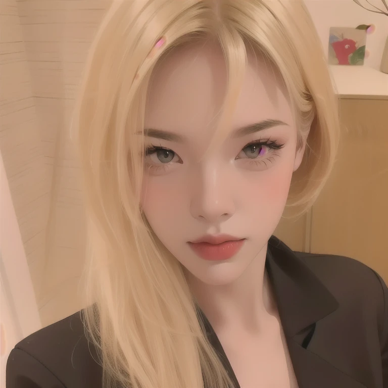 girl, Blonde, Long hair, big eyes, Black suit