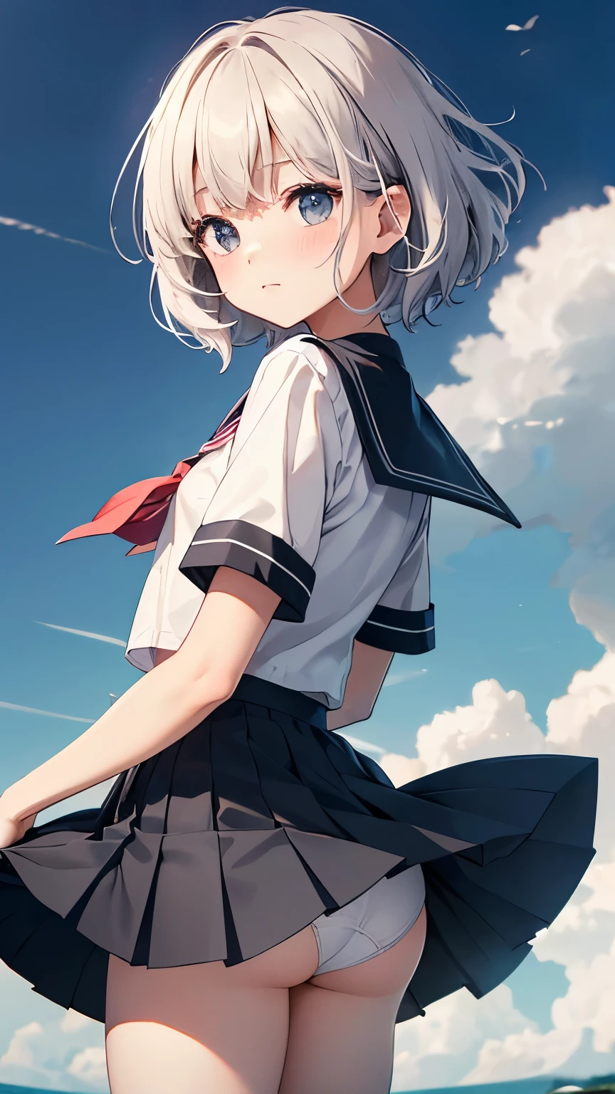 One Girl、blush、Embarrassed look、Perfect Anatomy、Short Bob、Small breasts、(((White student sailor uniform、Dark navy blue pleated student mini skirt、Black knee socks)))、((Hair tousled by the wind、Messy Hair、Broken hairstyle))、(((The wind blows up my skirt:1.3、White panties、Cute ass)))、Pay attention to the butt、Professional Lighting, Film Grain, chromatic aberration, (Eye and facial details:1.0), (Bokeh:1.1)、software:1.5)))、 highest quality, 8k, 20talent