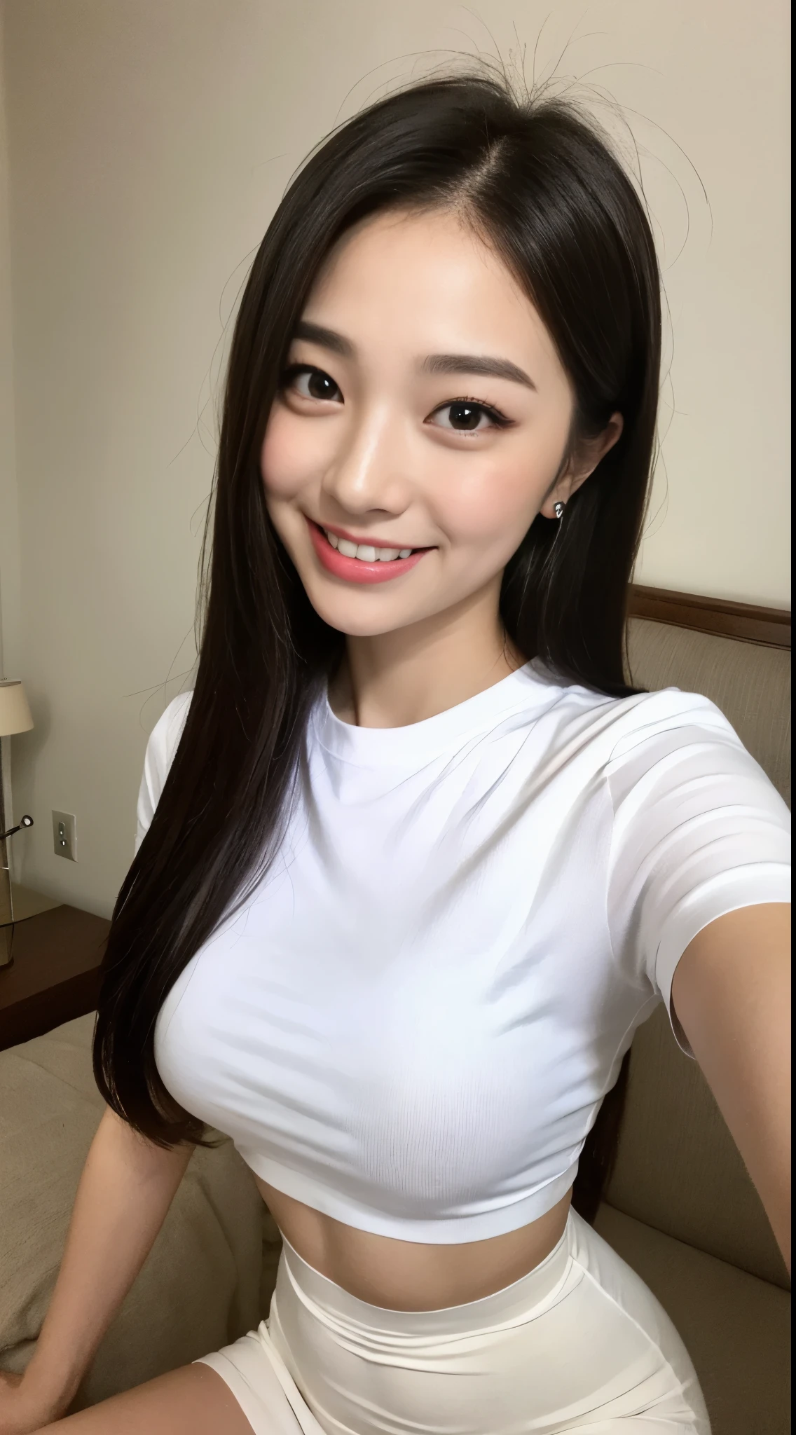 White tight shirt、White tight mini skirt、bed、smile、Short sleeve、high resolution、Korean idol face、double eyelid、White teeth