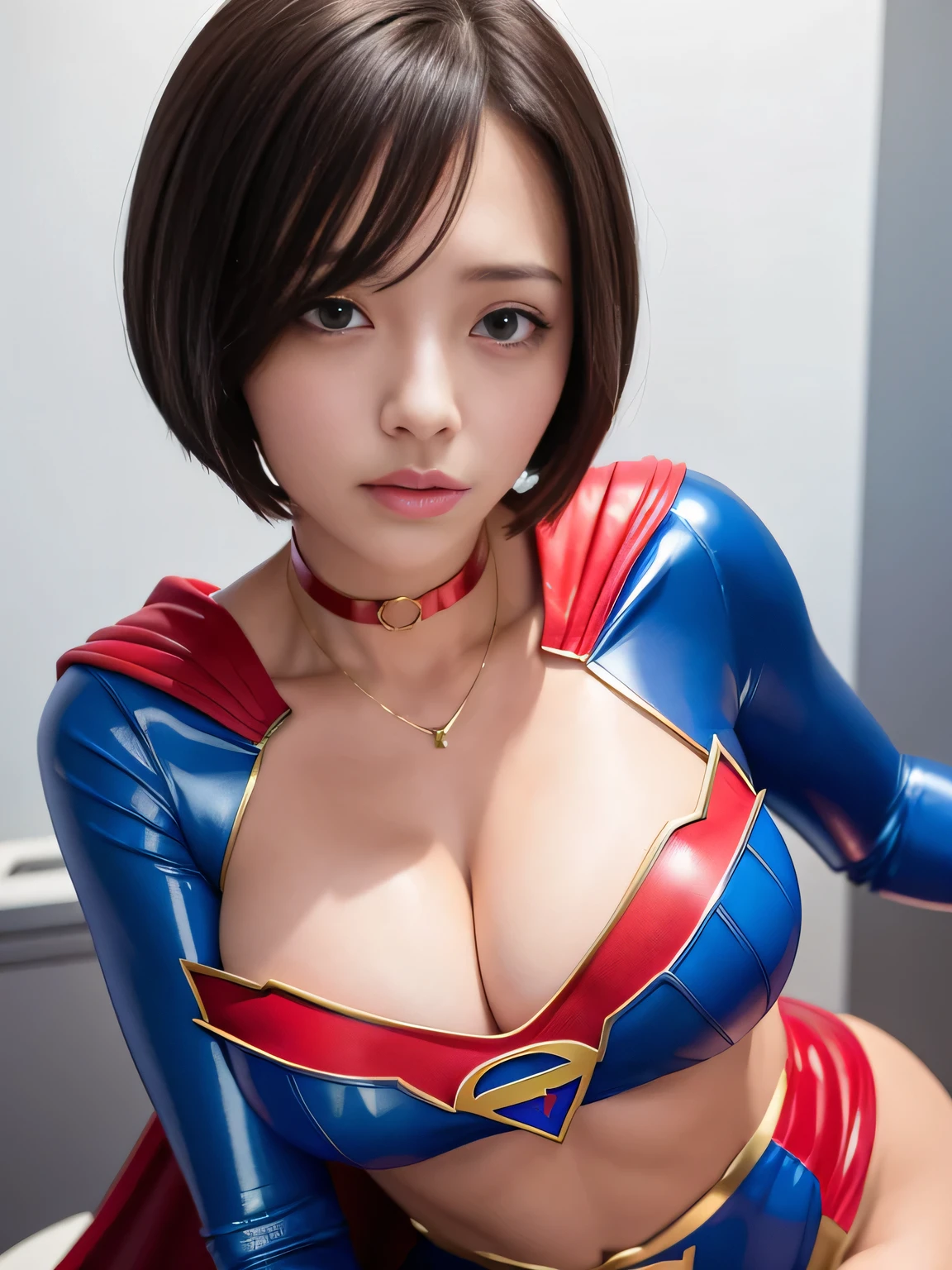 masterpiece、Enamel Supergirl Costume、Short Hair、Hospital operating table、Crisis situation、Big and ample breasts、looking at the camera、Shiny、Off the shoulder、choker、Long sleeve、Red exy poses to seduce、Sweaty、Model Body Type、Alluring、charm、Enchanting、Abused、test subject、victim、Wild、Photorealistic、latex、