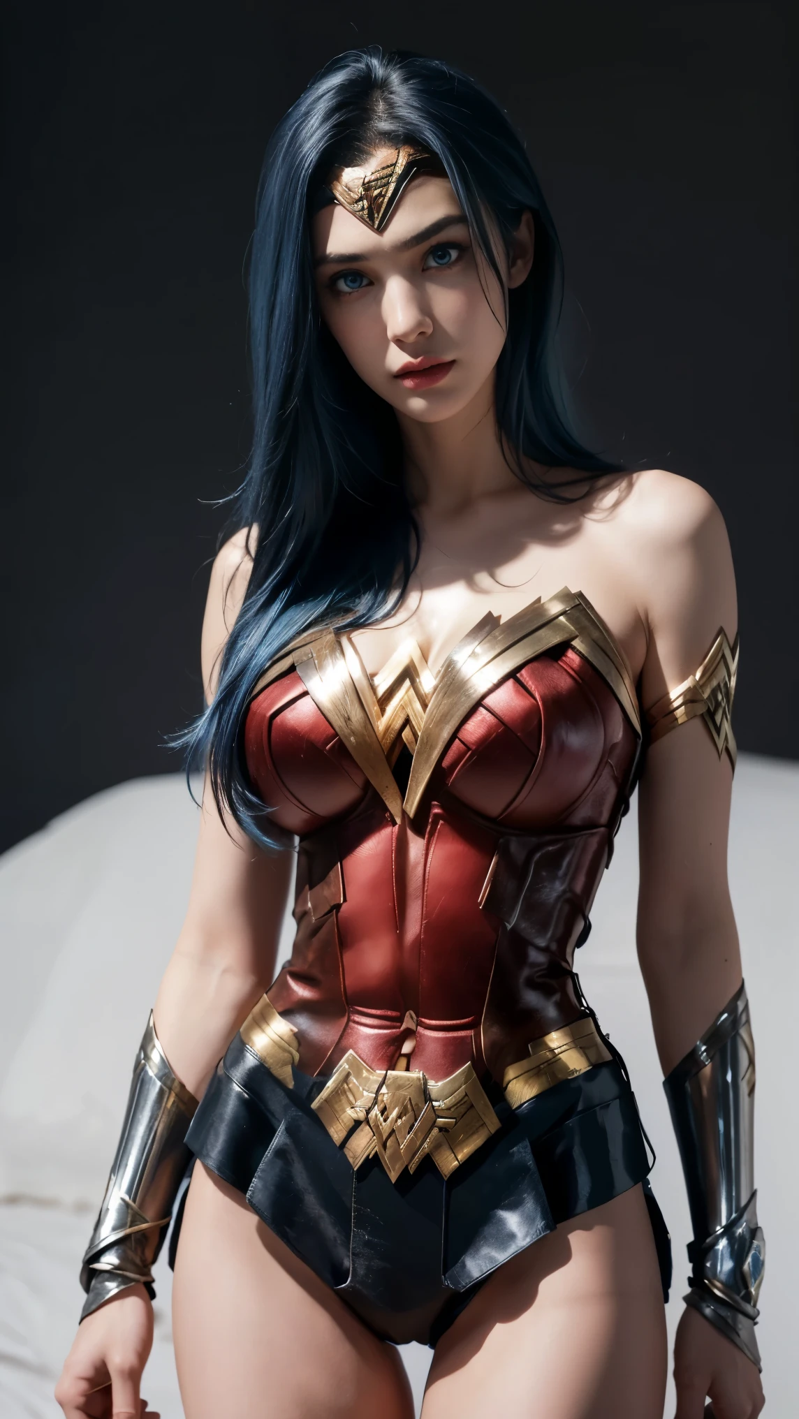 8K, Top Quality, Intricate Details, Ultra Detail, Ultra High Resolution, Masterpiece, close up shot, (full body: 1.1), Slender, Smile, (Makeup: 0.4), (Fluffy Blue Eyes: 1.21), (()), 1girl, solo, 1 girl, ((blue hair, bangs)), close up shot, , ((tall)), (((fit body))), (((slim face))), sharp face, (()) ,(detailed face), sharp face, small lips, , , ,
((,wonder woman suit)), , ((,)),detailed face, detailed breast, , ((large breast, huge breast )), , Narrow Waist, Skinny, tall , 175 cm tall, Muscular, Navel, Exposed Abdomen, Pointed Chest,, Beautiful girl with accentuated slender abs: 1.4, Six Pack Abs: 1.4, Bust Botox, Big, Perfect Body, detail leg, (( dark background)), black background,