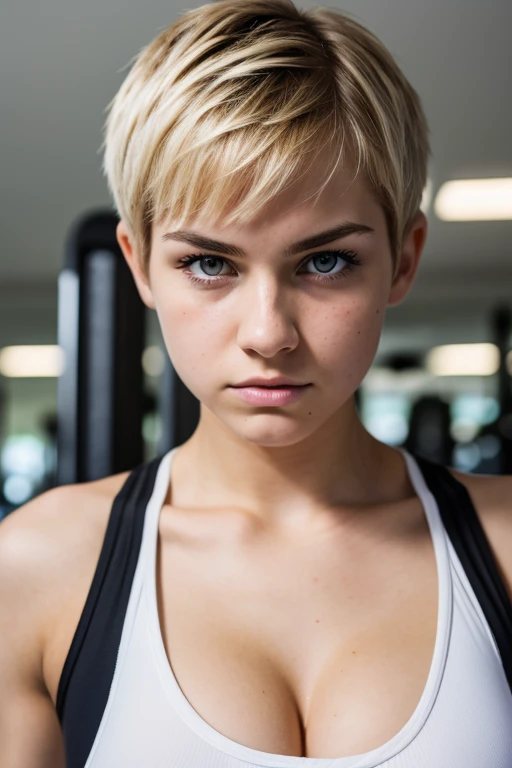 A angry looking 18yo white girl at the gym. Cleavage. Close up. Pixie cut. Dslr. Rule of thirds