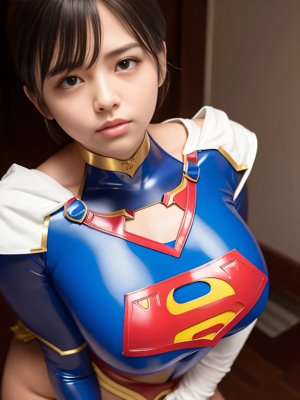 masterpiece、Enamel Supergirl Costume、Short Hair、Hospital operating table、Crisis situation、Big and ample breasts、looking at the camera、Shiny、Off the shoulder、choker、Long sleeve、Red exy poses to seduce、Sweaty、Model Body Type、Alluring、charm、Enchanting、Abused、test subject、victim、Wild、Photorealistic、latex、