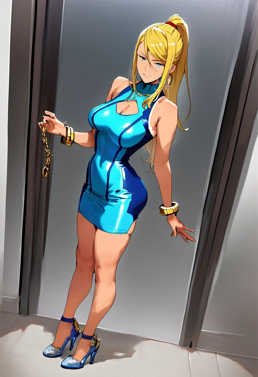 score_9,score_8_up,score_7_up,score_6_up, takeda hiromitsu style,1girl, sole_female, tanned, tanlines, pink bodycon dress, blue bodycon dress, sequins, mini_dress, micro_dress, shiny_clothes, sheer_clothing confident_pose, standing, intricate_face, intricate_eyes, smile, saggy_breasts, slender_waist, curvy_hips, high_heels, gold_bracelets, chain_necklace, hoop_earrings, dynamic_pose, sexy_face, sultry, curvy, skindentation, skin_tight, short_dress milf, mature_female, thick_hips, horny, cleavage_cutout, hip_vent, hip_cutout saggin_breasts, skimpy_outfit, revealing_outfit, sultry_expression, seducing_eyes, bedroom_eyes, seductive, sexy_pose, bend_over, Samus_Ara
