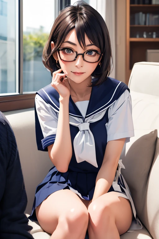 (masterpiece, highest quality), One Girl,  Satou, Satou, Glasses, 赤いフレームのGlasses, Sailor suit, Satou, Glasses, 赤いフレームのGlasses, 