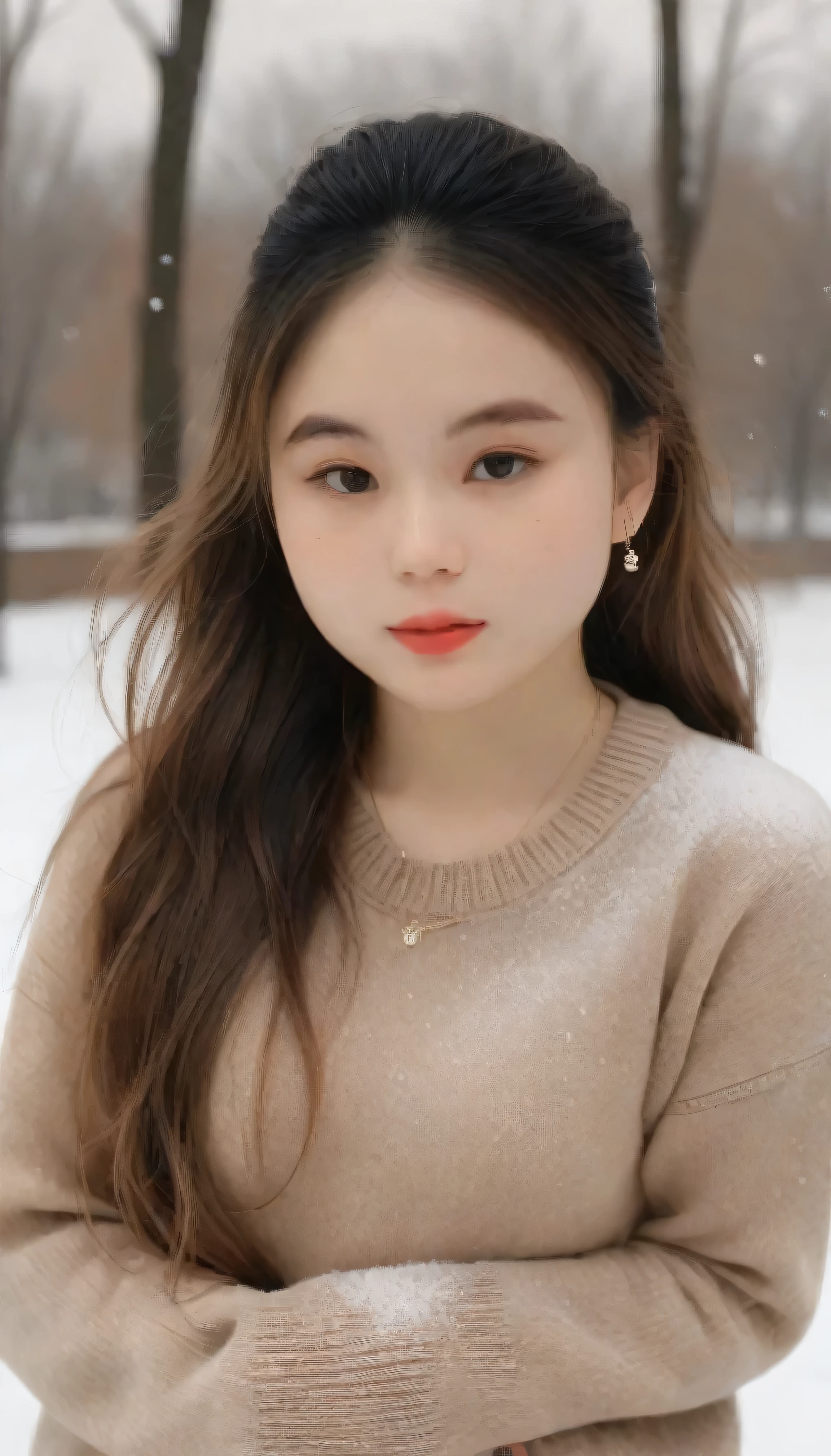 masterpiece, best quality, raw photo, realistic, 1girl, long hair, sweater, mini skirt, (cute face, temptations look), snowing background, (sepia photography), (professional photo, balanced photo, balanced exposure) masterpiece, best quality, 1girl, extremely beautiful detailed face, best shadow, small breasts, erotic pose
