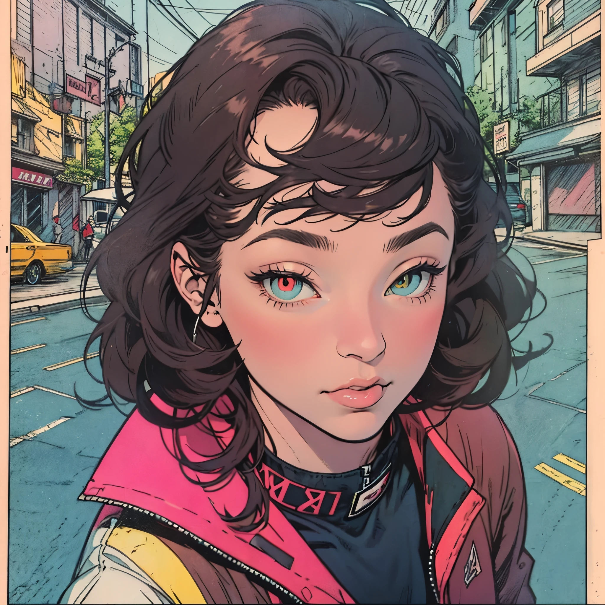 ultimate best quality,beautiful woman,speech bubble,big brest,60s,70s,80s,colorful,((Heterochromia)),splash,