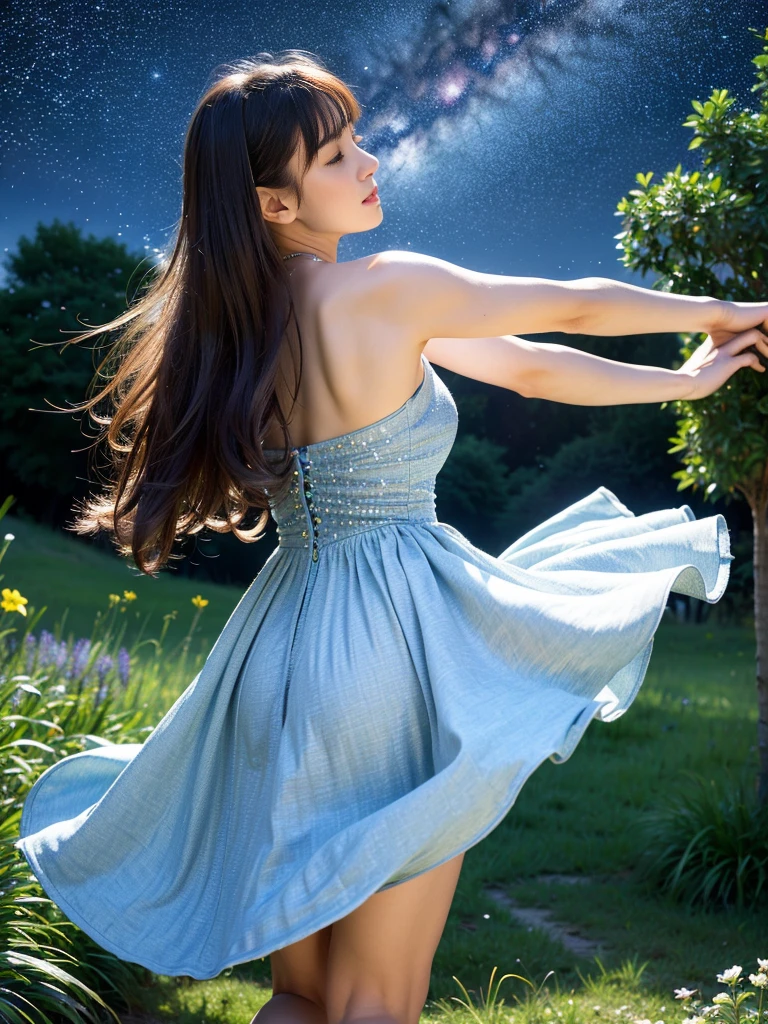 ((masterpiece, highest quality, Best image quality, High resolution, Realistic, RAW Photos, 8k)), ((Highly detailed CG synthesis 8k wallpaper)), Dancing in the starry sky,A fluttering summer dress seen from behind,