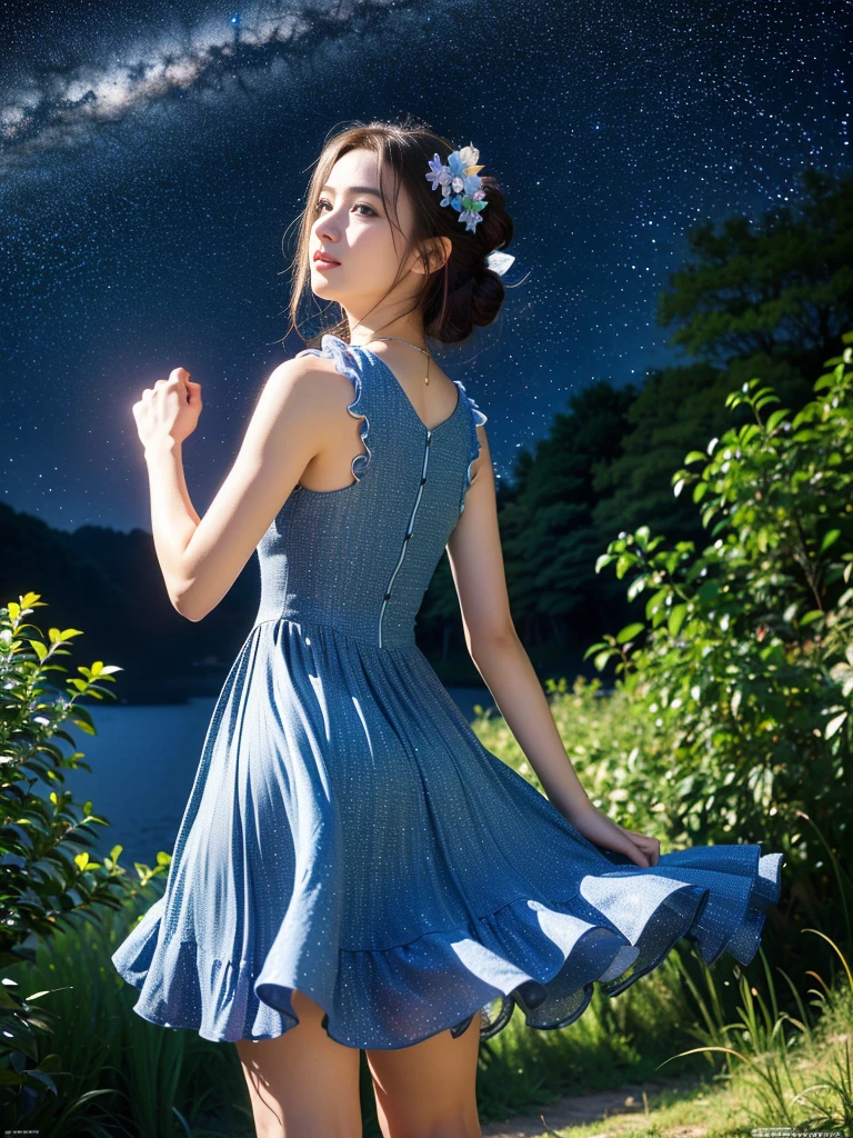 ((masterpiece, highest quality, Best image quality, High resolution, Realistic, RAW Photos, 8k)), ((Highly detailed CG synthesis 8k wallpaper)), Dancing in the starry sky,A fluttering summer dress seen from behind,