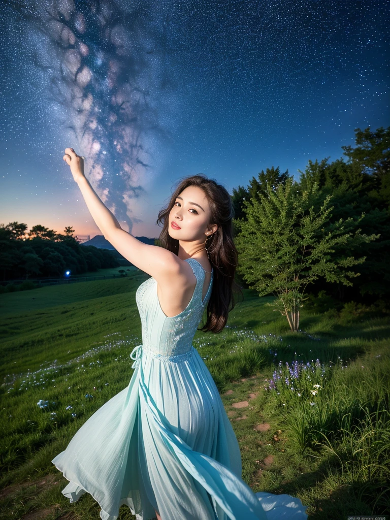 ((masterpiece, highest quality, Best image quality, High resolution, Realistic, RAW Photos, 8k)), ((Highly detailed CG synthesis 8k wallpaper)), Dancing in the starry sky,A fluttering summer dress seen from behind,