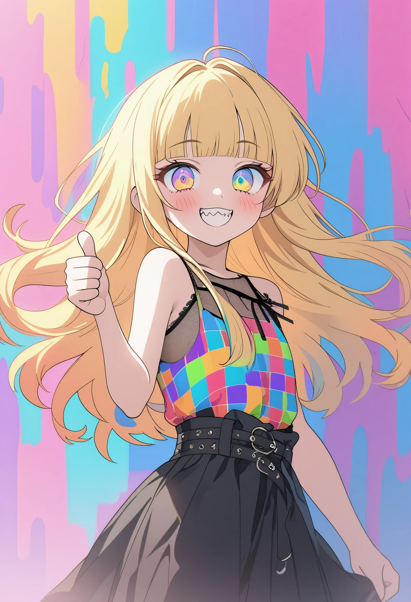 ((Masterpiece)), ((best quality)), (cowboy shot), (Rough sketch:1.4), (High Definition:1.3), (Professional Photography:1.3), ((12 years old)), (❤️🖤💗💔), cute young Girl, Glossy unruly hair, (loose blunt bangs), blonde hair with red mesh, (red mesh hair), long hair, big eyes, (long eyelashes), ((jagged teeth)), colorful eyes, (Unfocused eyes), blush, ((sad smile)), open mouth, ribbon belt, joy, (cute Plaid tanktop), barearms, (Thumbs up hand), ((👍️)), (colorful:1.3), gothic makeup, 👄,((against the Colorful pastel wall)), 8K, gothic artstyle,