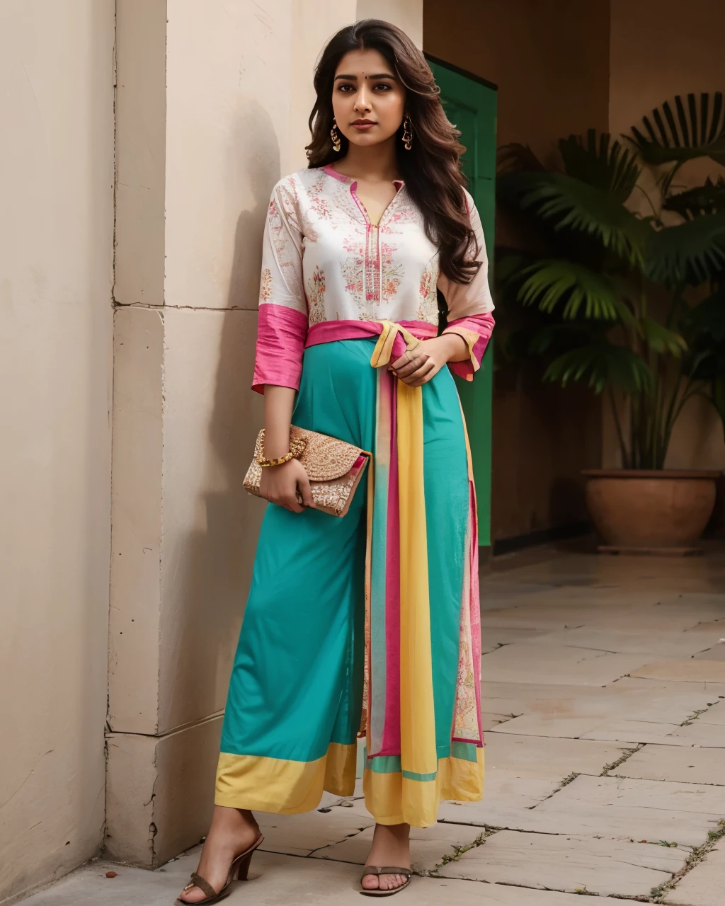 Tanvi in a vibrant colored kurti with contrasting palazzo pants. Realistic, best quality image. 