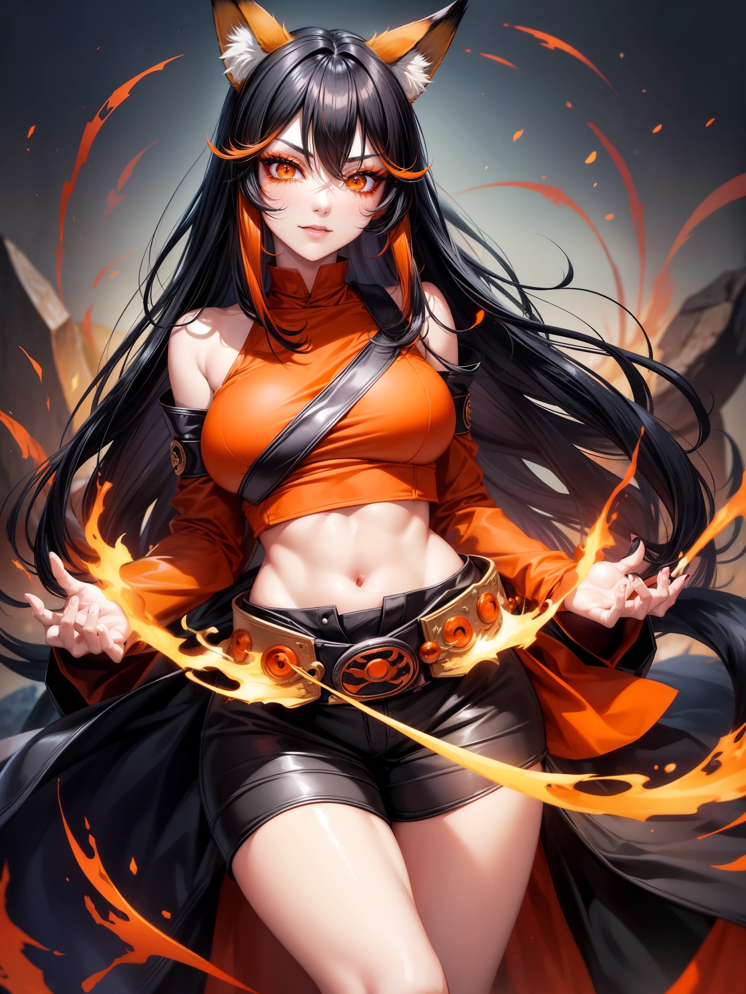 score_9、score_8_up、score_7_up、score_6_up、BREAK Cowboy Shot、Naruko20歳、(Black Hair:1.3)、(Fox Ears:1.3)、(Fox tail:1.3)、(Nine Tails)、(Facial Imprint)、(Red Eye:1.2)、(Two red eyes) :1.2)、(Big eyes:1.2)、(Orange Eyeshadow:1.3)、(Dark eyeshadow:1.3)、(Orange eye makeup:1.3)、1 girl、Sexy Girls、Sexy pose、Naruko、(Large Breasts)、Black lips、Fuller lips、Fuller lips、(Sage Mode:1.3)、Captivating smile、(Very long straight hair:1.3)、Nice makeup、Beautiful Makeup、Fiery_Hair