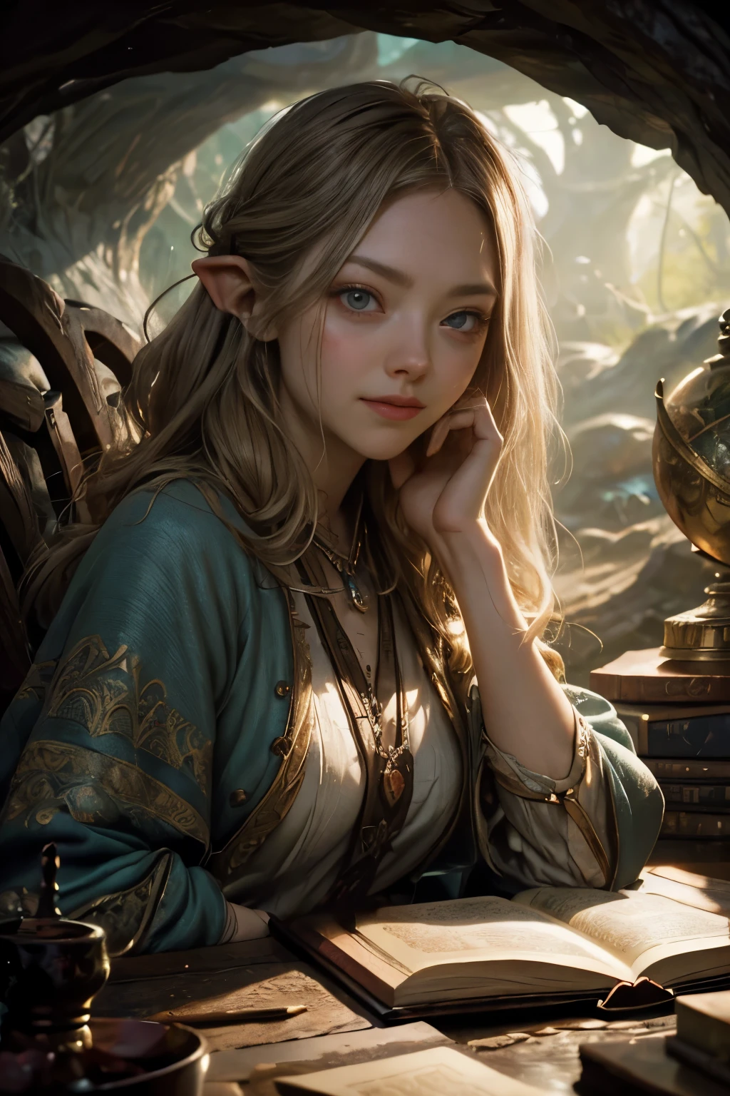 brunette hair, "Oil painting, dreamy girl ((Amanda Seyfried)), reading ancient books, warm light ((inside a mystical hobbit cave)), magical atmosphere, whimsical clock, enchanting, cozy, detailed" High detail RAW colored art, young, smile, cyan eyes, white pale skin, , portrait, hobbit ears, (shy), mystical, elegant, gorgeous face, hobbit clothes, (detailed skin, skin texture), hobbit, magical atmosphere, (muscle), (detailed skin, skin texture), intricate details, fine details, hyperdetailed, ray tracing, subsurface scattering, diffuse soft lighting, shallow depth of field, by (Oliver Wetter) Atey Ghailan, by Jeremy Mann, Greg Manchess, Antonio Moro, trend at ArtStation, trend at CGSociety, Intricate, High Detail, Sharp focus, dramatic and photorealistic painting art by midjourney and greg rutkowski, bokeh in the background,
