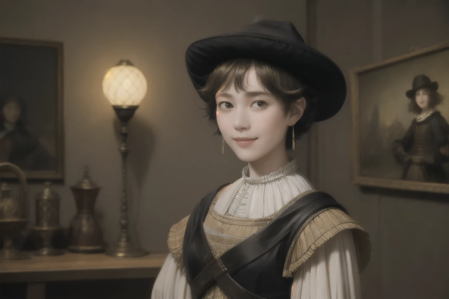 221 Short Hair, 20-year-old woman, A kind smile, (Luxurious stables), (Rembrandt-style painting), (Focus on the face, Written boundary depth)