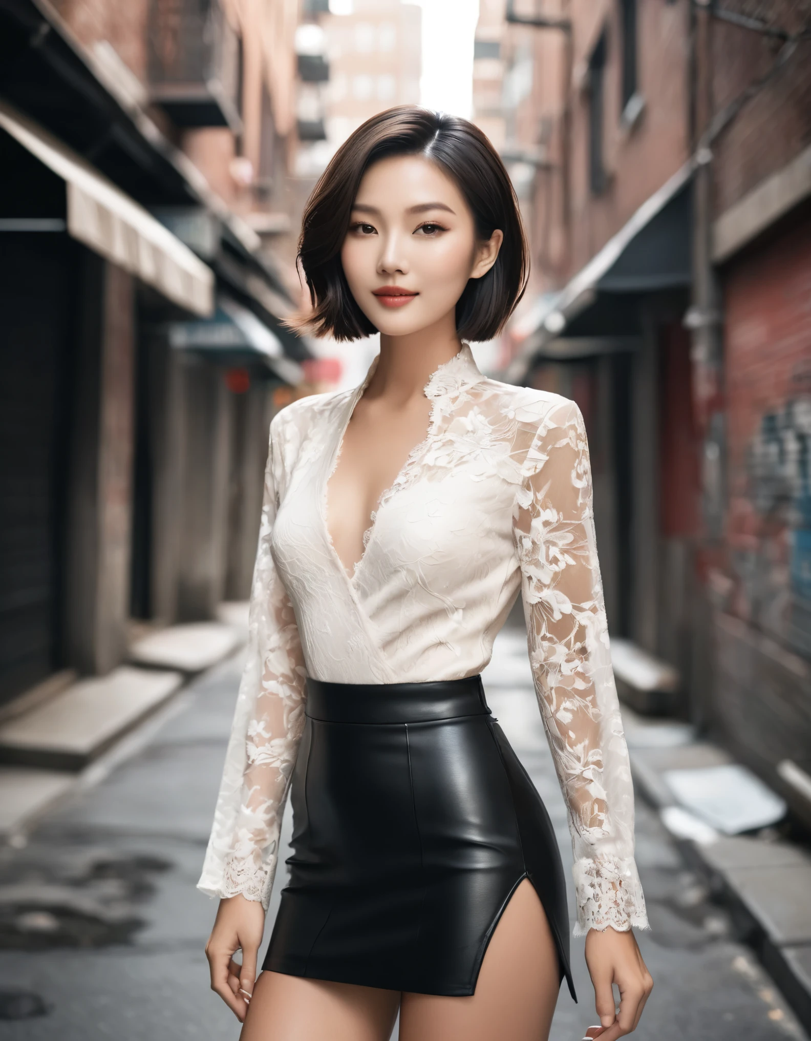 comic storyboard， of a stunning Chinese woman exuding elegance and confidence in a lace bodysuit, a micro mini skirt, and tight leather pants. Her flawless complexion and radiant smile captivate the viewer, embodying grace and style. The photo is set in a chic urban alleyway, with graffiti-adorned walls adding a touch of edginess. The composition is a high angle shot, showcasing the woman's fashionable ensemble and poised demeanor. Soft, natural lighting highlights her features with a subtle glow. This striking image, photographed by Chen Man, epitomizes modern sophistication and allure, she has short bob hairstyle.