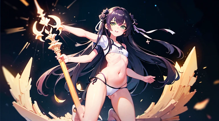 (((whole body)))、{{{From below}}}((masterpiece, highest quality)),{{{Hold your knees}}}、{belly button}、Flat Chest、、Best aesthetics,One girl, alone, Long Hair,、White swimsuit、ribbon, Black background, Black Hair, Rose, hair ribbon, Green Eyes, Short sleeve, white Rose, smile, black ribbon, (((whole body)))、null、cloud、sunshine、Front lighting