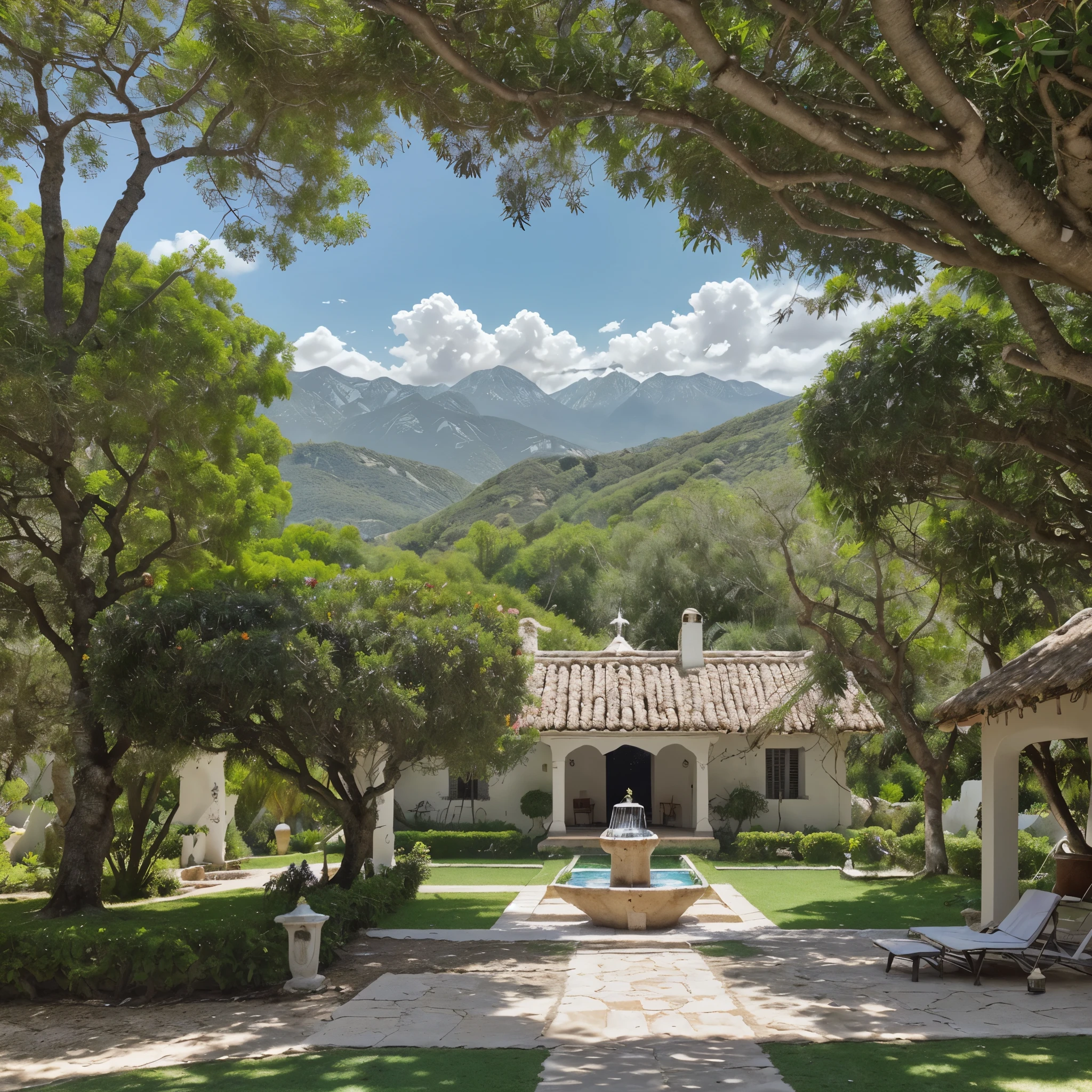 una casa de campo de estilo tradicional, a lush garden with beautiful flowers and greenery, una piscina cristalina con tumbonas alrededor, a stunning panoramic view of the mountainous landscape, un cielo despejado y brillante con nubes esponjosas, un camino empedrado que conduce a la entrada de la casa, una cerca blanca que rodea la propiedad, a water fountain in the center of the garden, a picnic table under the shade of a tree, una barbacoa al aire libre, a hammock hanging between two trees, a children's play area with swings and a slide, a tennis court surrounded by green grass, a small garden with different types of vegetables and herbs, a family enjoying time outdoors, a picturesque sunset bathing the landscape in warm tones. (best quality, highres), realistic colors and lighting.