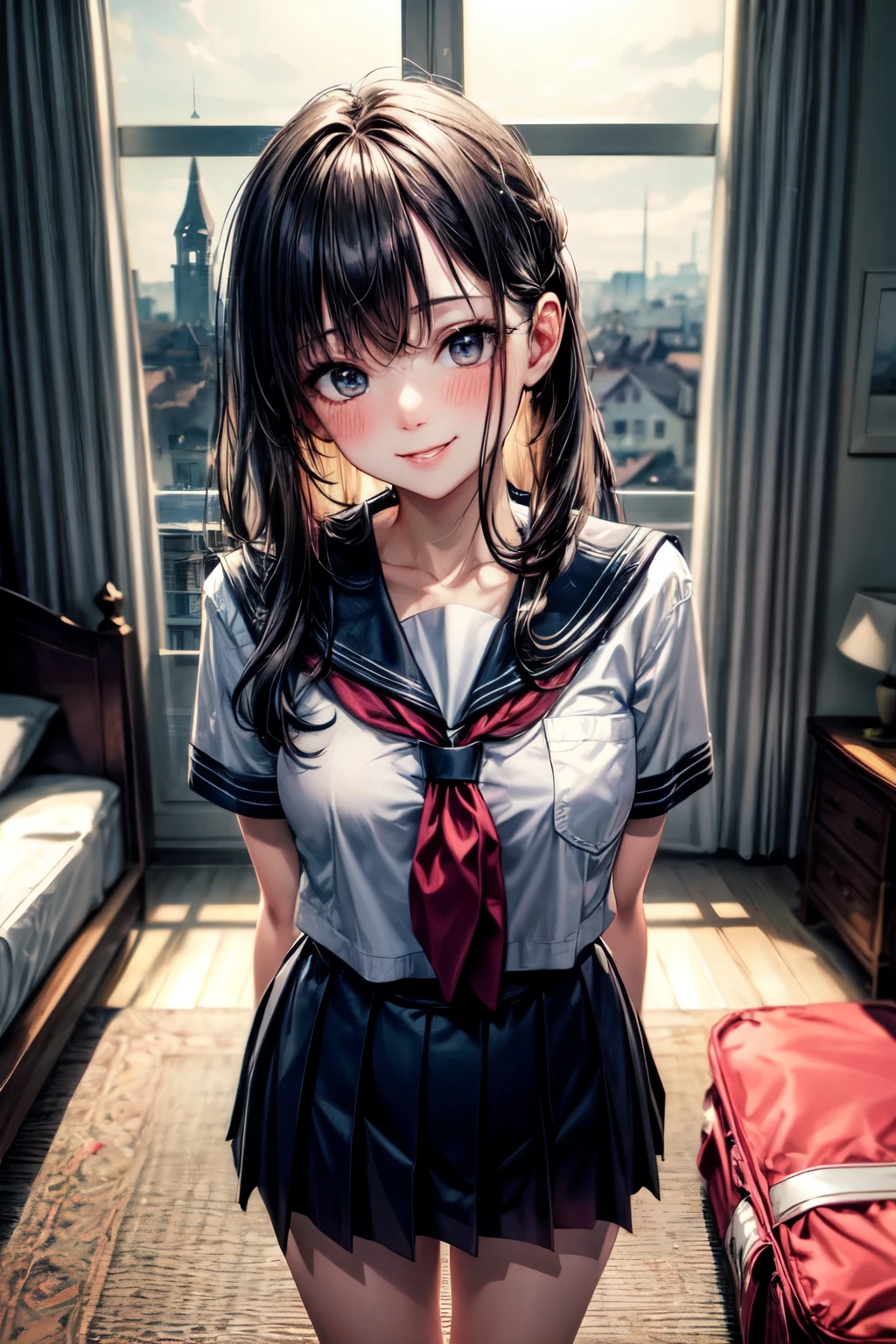 very cute and beautiful girl,(highly detailed beautiful face), (seductive smile:1.2),blush,embarrassed,looking at viewer,black hair,serafuku,short sleeve,pleated navyblue mini skirt, standing near bed sheet,arms behind back,school bag,pouch,antique hotel bedroom,window,distant town view, (best quality,masterpiece:1.0),absurdres,highres,ultra-detailed,extremely detailed,32k,8k resolution, intricate details,cinematic scene,detailed background,solo,dynamic angle, perfect hands,