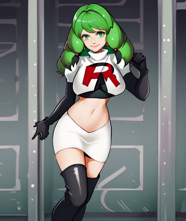 Flayn, green hair, Team rocket, team rocket uniform, red letter R, white skirt,white crop top,black thigh-high boots, black elbow gloves, evil smile, earrings, large breasts, sexy pose