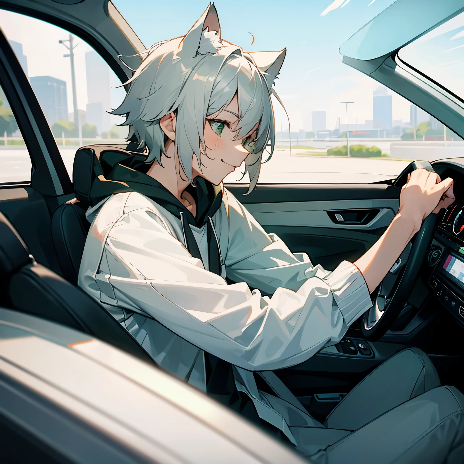 (Solo boy a 20 years old), (silver short hair), green eyes, cat ears, hoodie, light smile, from side, (driving a car:1.2)