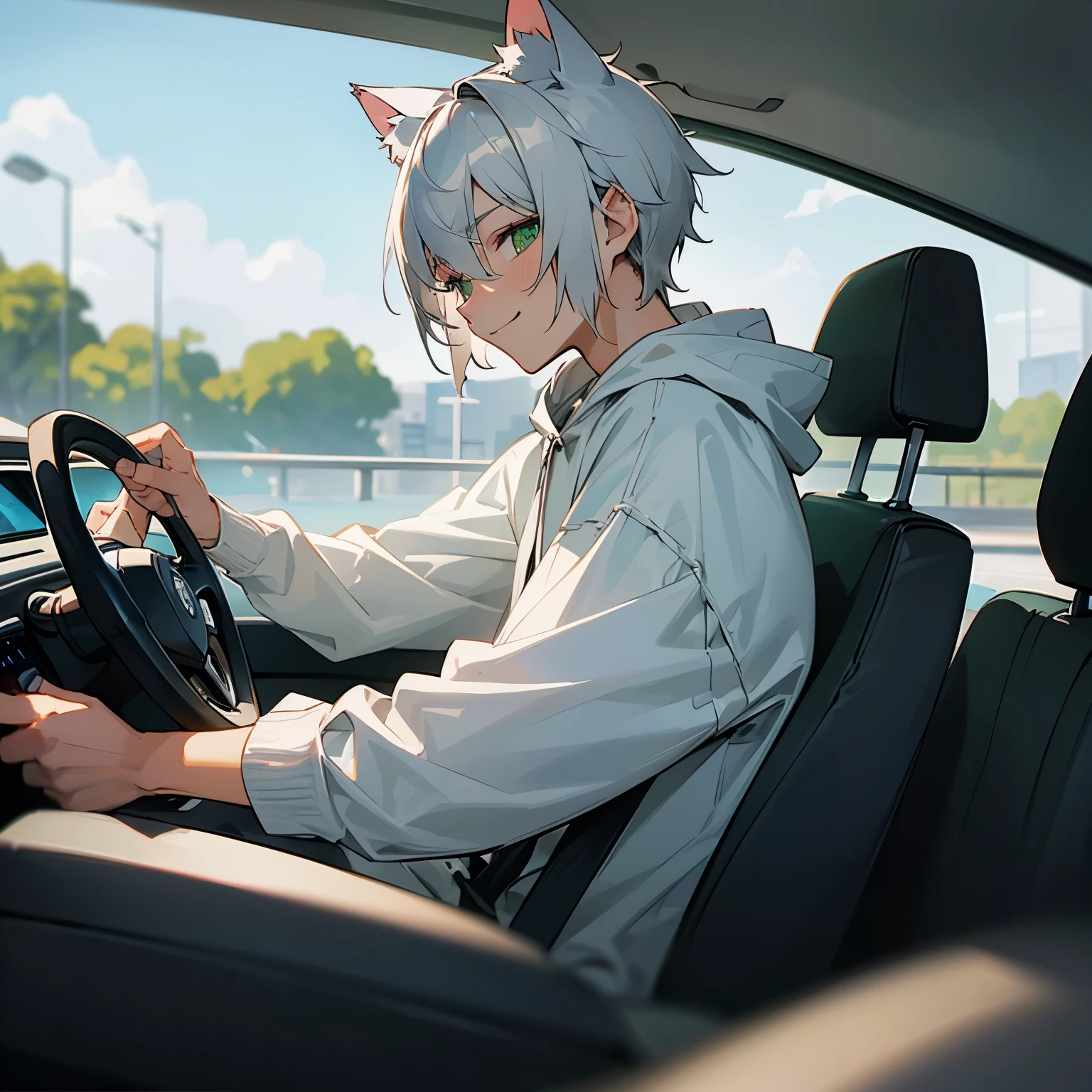 (Solo boy a 20 years old), (silver short hair), green eyes, cat ears, hoodie, light smile, from side, (driving a car:1.2)