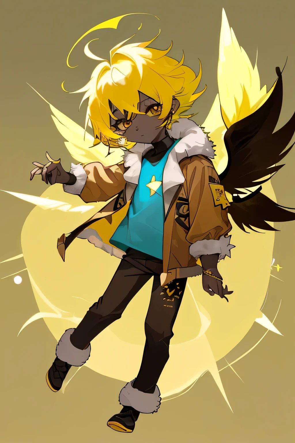 chibi style angel boy has ((yellow wild hair and long bang)) with ((black skin)) and(( 2yellow wings)) wearing a ((baby blue shirt)) and ((brown jacket with fur)) and wearing a gem star around his nick ((full body))