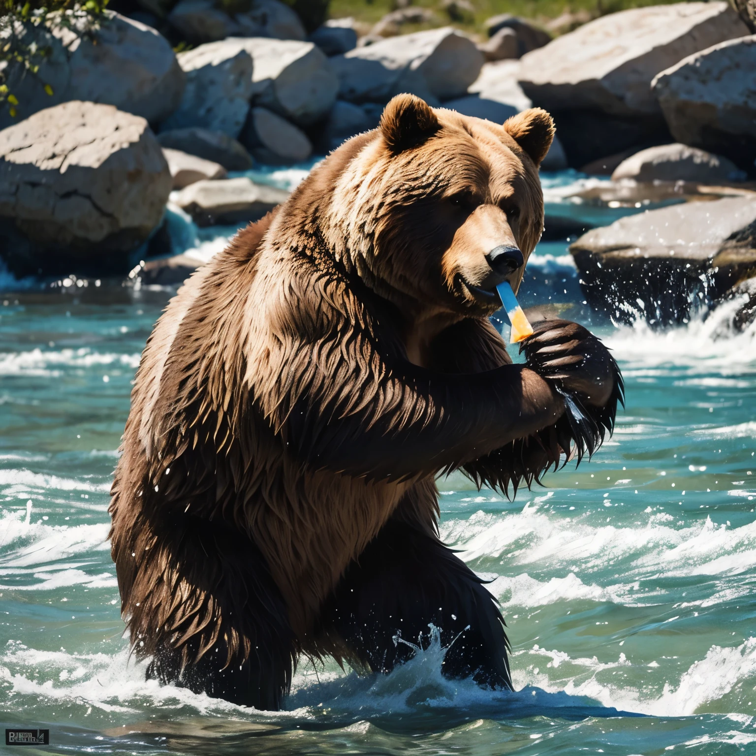 Un oso grizzly comiendo una paleta de agua