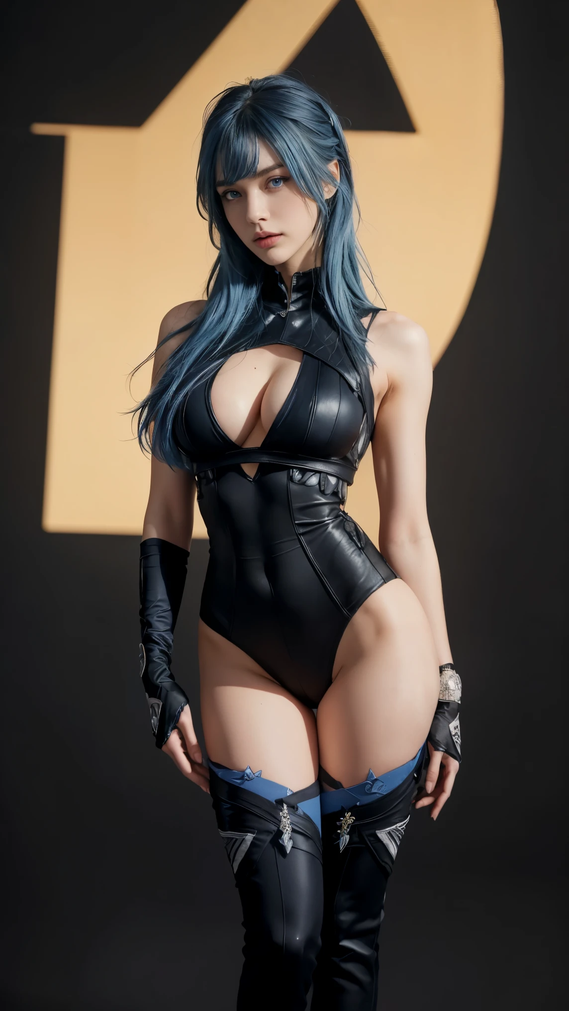 8K, Top Quality, Intricate Details, Ultra Detail, Ultra High Resolution, Masterpiece, close up shot, (full body: 1.1), Slender, Smile, (Makeup: 0.4), (Fluffy Blue Eyes: 1.21), (()), 1girl, solo, 1 girl, ((blue hair, bangs)), close up shot, , ((tall)), (((fit body))), (((slim face))), sharp face, ((cosplay suit))  (detailed face), sharp face, small lips, , , , fighting pose, make a fist, make a punch,
 ((,  )), , ((,)), detailed face, detailed breast, , ((large breast, huge breast)), detail ass, Narrow Waist, Skinny, tall , 175 cm tall, Muscular, Navel, Exposed Abdomen, Pointed Chest,, Beautiful girl with accentuated slender abs: 1.4, Six Pack Abs: 1.4, Bust Botox, Big, Perfect Body, detail leg, (( dark background)), black background,