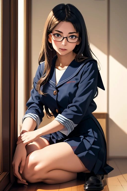 (masterpiece, highest quality), One Girl,  Satou, Satou, Glasses, 赤いフレームのGlasses, Navy blue sailor suit, Satou, Glasses, 赤いフレームのGlasses, Navy blue pleated skirt,