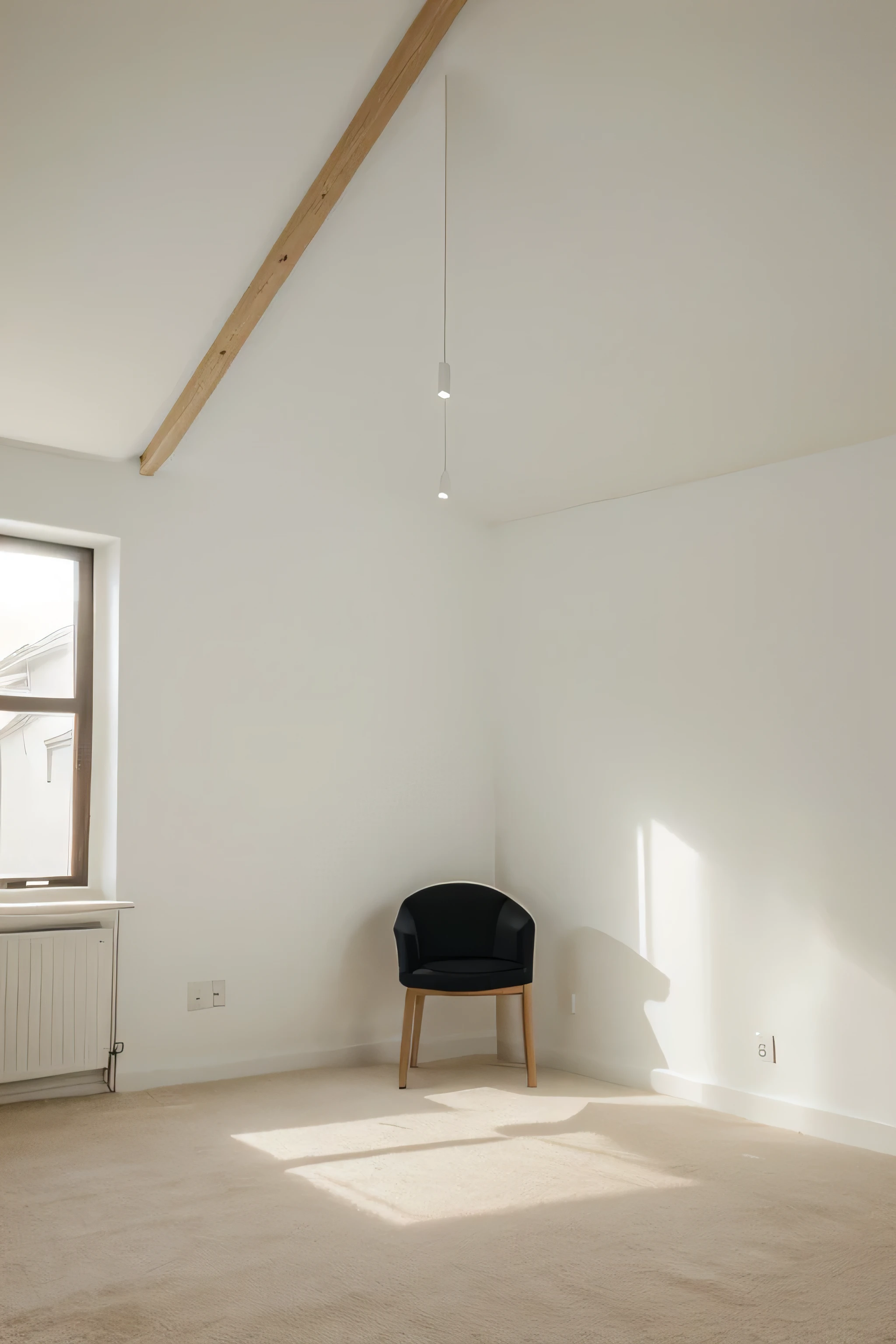 A elegant room with a blank frame on the wall, litted by a yelowish light from a spot in the roof. Minimalist furniture by the sides of image.