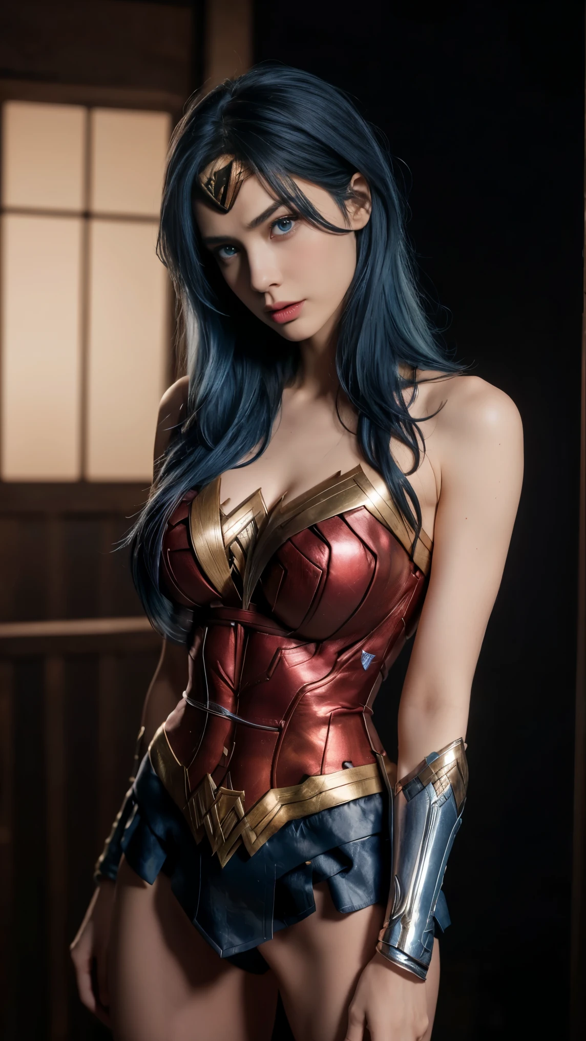 8K, Top Quality, Intricate Details, Ultra Detail, Ultra High Resolution, Masterpiece, close up shot, (full body: 1.1), Slender, Smile, (Makeup: 0.4), (Fluffy Blue Eyes: 1.21), (()), 1girl, solo, 1 girl, ((blue hair, bangs)), close up shot, , ((tall)), (((fit body))), (((slim face))), sharp face, (()) ,(detailed face), sharp face, small lips, , , ,
((,wonder woman suit)), , ((,)),detailed face, detailed breast, , ((large breast, huge breast )), , Narrow Waist, Skinny, tall , 175 cm tall, Muscular, Navel, Exposed Abdomen, Pointed Chest,, Beautiful girl with accentuated slender abs: 1.4, Six Pack Abs: 1.4, Bust Botox, Big, Perfect Body, detail leg, (( dark background)), black background,