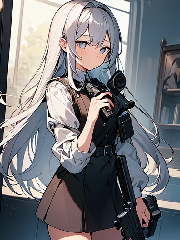 (best quality:1.3), (masterpiece:1.3), (illustration:1.3), (ultra-detailed:1.3), (imid shot:0.9), (Detailed Eye),... (Serious expression)... , A girl, white long hair, Gray Eyes, Wearing Sleeves shirt And Shoulder harness, police badge left of her shoulder, wearing knee length formal skirt, black leggings, (Holding a gun pointing front view)