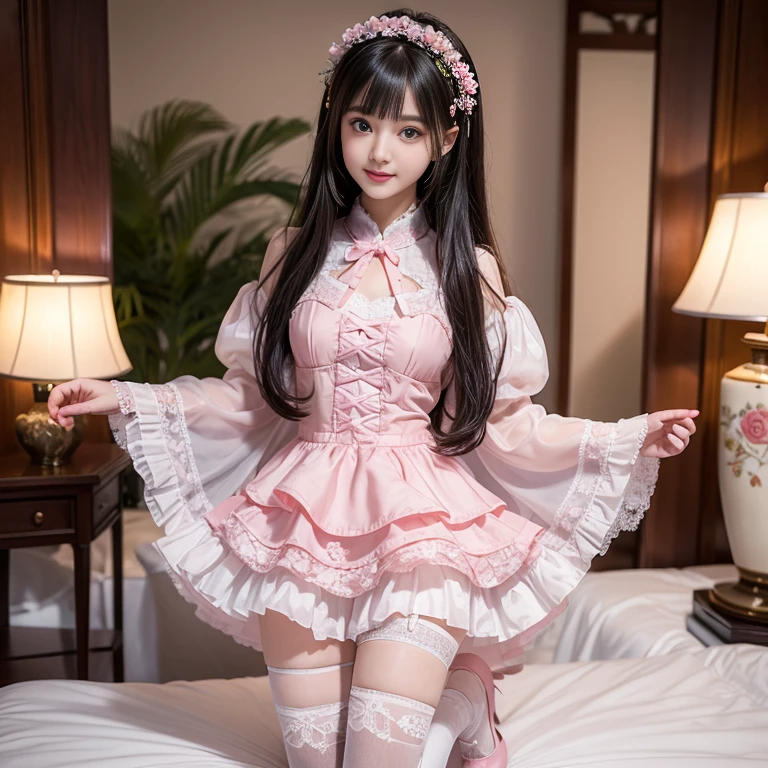 best quality, masterpiece, lifelike, 1 girl, Solitary, eternity, Black Hair, Long curly hair, Bangs, Pink skirt, Pink loli dress, layered skirt, Lolita style long skirt,分層連衣裙 Lace-trimmed 裙子, decorate, Lace, Long sleeve, Puff sleeves, Wide sleeves, Transparent sleeves, Hair accessories, 在flower园里, flower, Detailed background, Delicate face,pink blush,White,Knee socks, Pink shoes,cold,Lots of Lace,((masterpiece))、(top quality)、8k、High Detail、Ultra Detailed、 21 years old female,穿着Pink loli dress((Dreamy atmosphere:1.1))、Seductive and whimsical style、masterpiece、born、Scenes resembling fairy tale illustrations、Intricate details showcase the ruffles and intricate designs of the Lolita dress、fine、magic、capricious、 fine、Dreamy aesthetics、「art itself、ethereal、charming、fickle、magic」、realism、Visual effects、FXAA、SSAO、shader、voiceless、Ambient Lighting、Tone Mapping、high resolution、Ultra HD、Million pixels、(8k resolution:1.10)、8k、Below 8k、8k resolution、High Detail、Intricate details、她的脸上Expose惊讶和敬畏的表情、 (high quality:1.2、masterpiece:1.2、:1.21)、(21 years old female:1.21)、(smile excitedly)、(Surrounded by the Dreamy atmosphere of an amusement par色洛丽塔连衣裙、Her eyes were full of surprise and joy、I took a lot of geek photos、、High heel、Model Diagram,full-body shot,Knee-high White Lace socks,Sweet Lolita,Normal 2 feet,Pink shoes,Baotou shoes,full-body shot,baby star dress,have,不要Expose你的手指,cold,Emphasize the volume of the skirt,Expose,huge ,White underwear,The skirt flew up,Looking at the camera and laughing happily