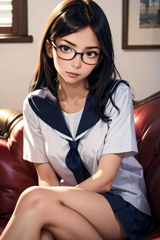 (masterpiece, highest quality), One Girl, Satou, Satou, Glasses, 赤いフレームのGlasses, Navy blue sailor suit, Satou, Glasses, 赤いフレームのGlasses, Navy blue pleated skirt,