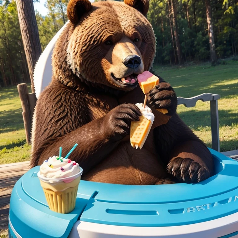 Un oso grizzly comiendo un helado en forma de paleta