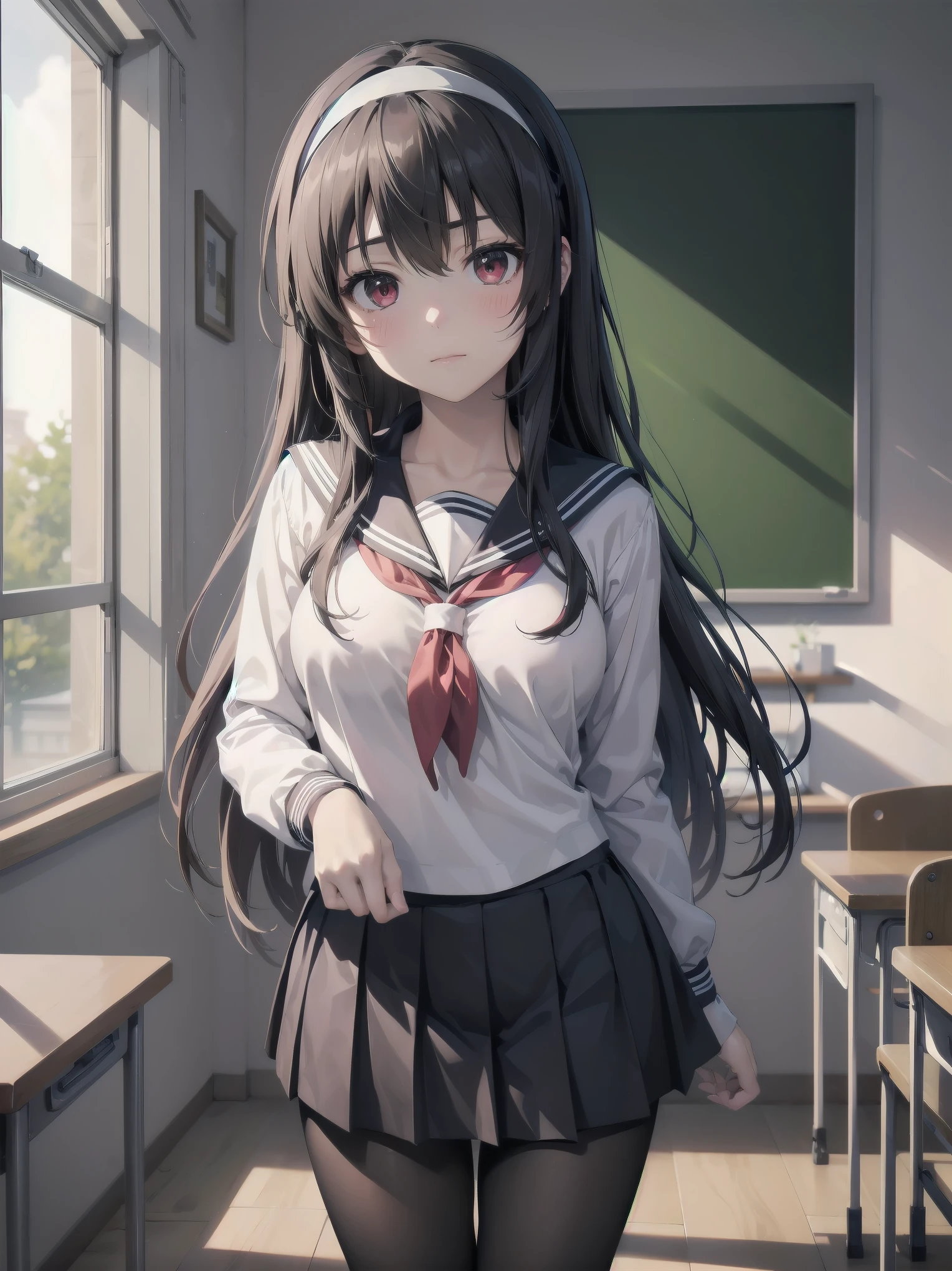 an anime girl standing in an empty room with a phone to her ear, 1girl, solo, , pantyhose, skirt, indoors, hairband, long hair, kasumigaoka utaha, looking at viewer, black hair, red eyes, breasts, blush, pleated skirt, black pantyhose, classroom, white hairband, long sleeves, bangs, neckerchief, closed mouth, desk, sailor collar, serafuku