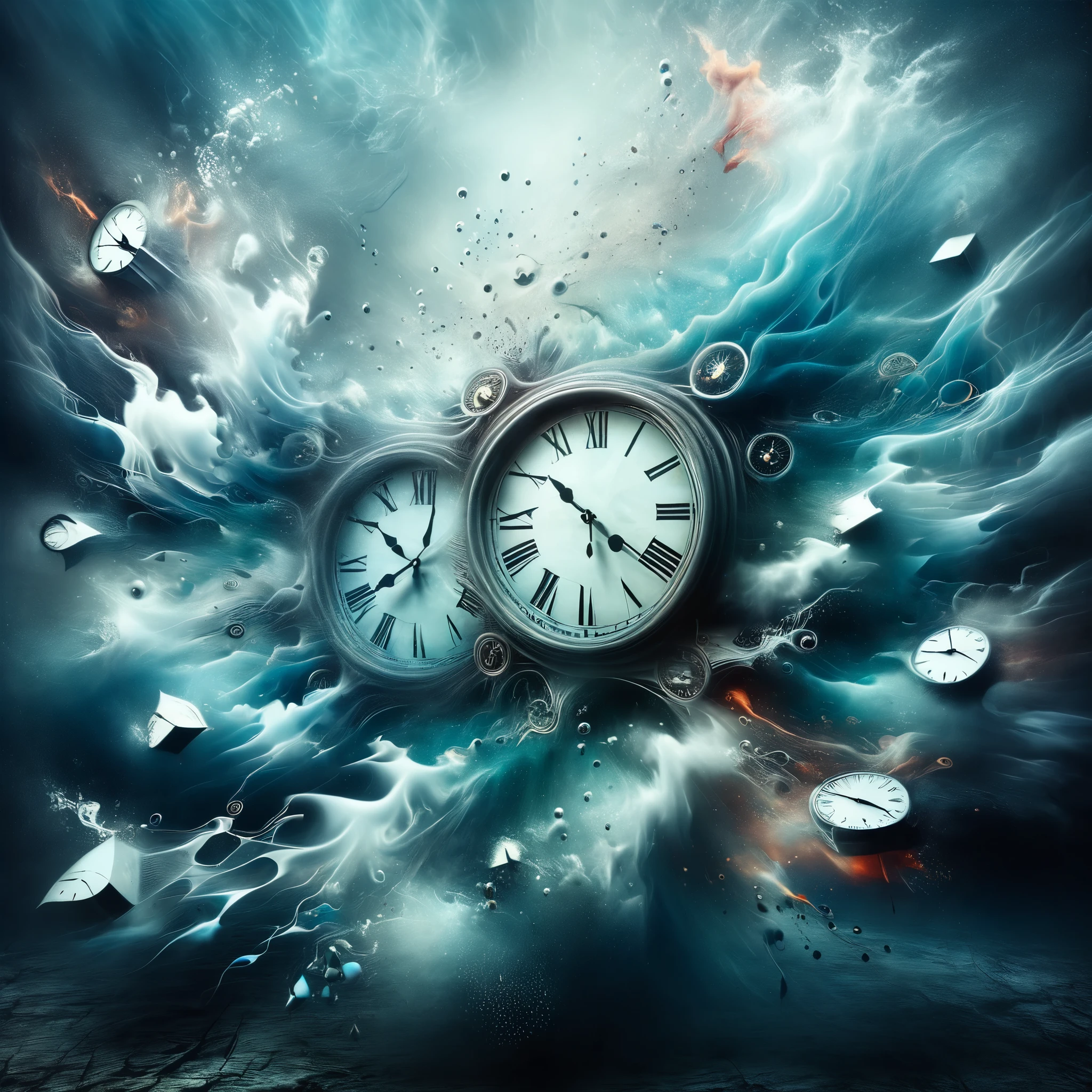 In a surreal dreamscape, clocks melt and warp, echoing the fluidity of time itself.