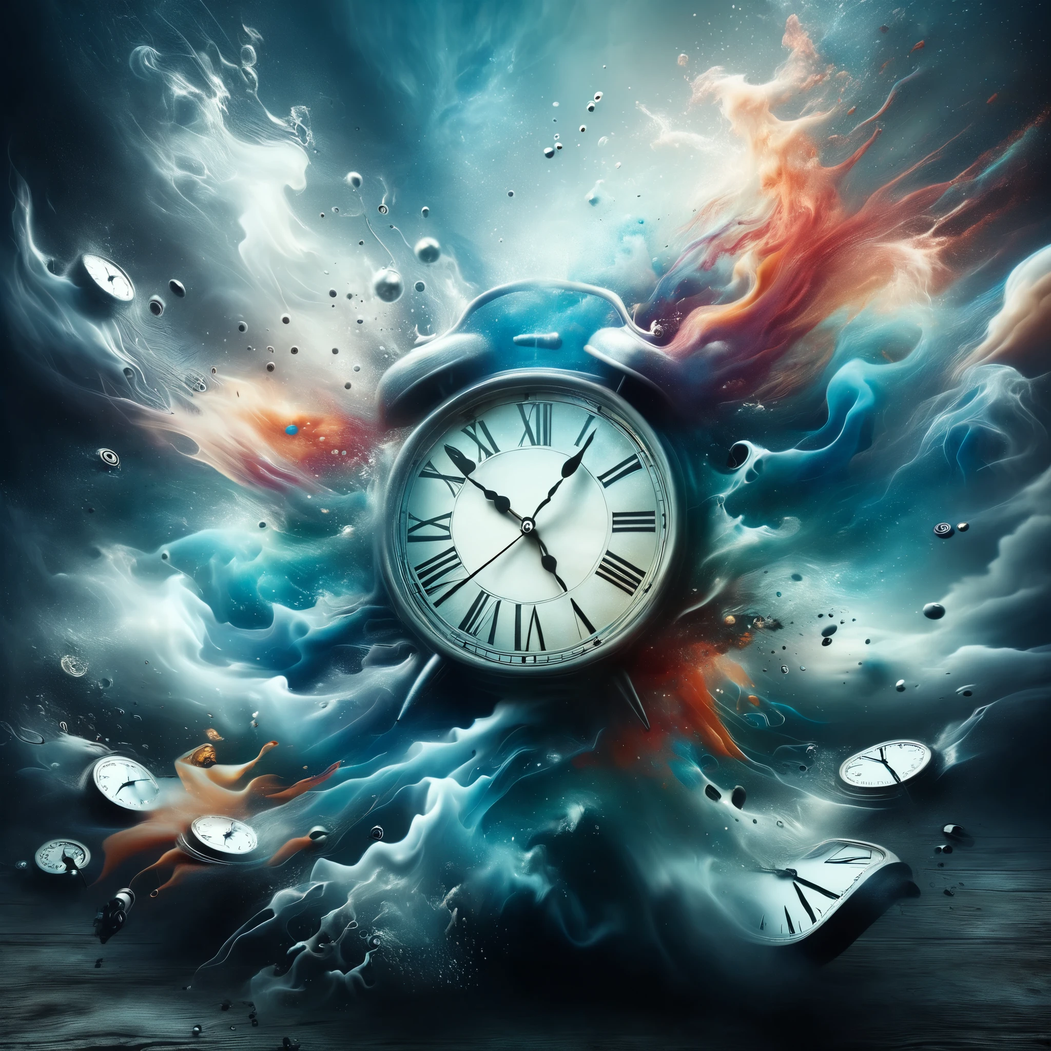 In a surreal dreamscape, clocks melt and warp, echoing the fluidity of time itself.