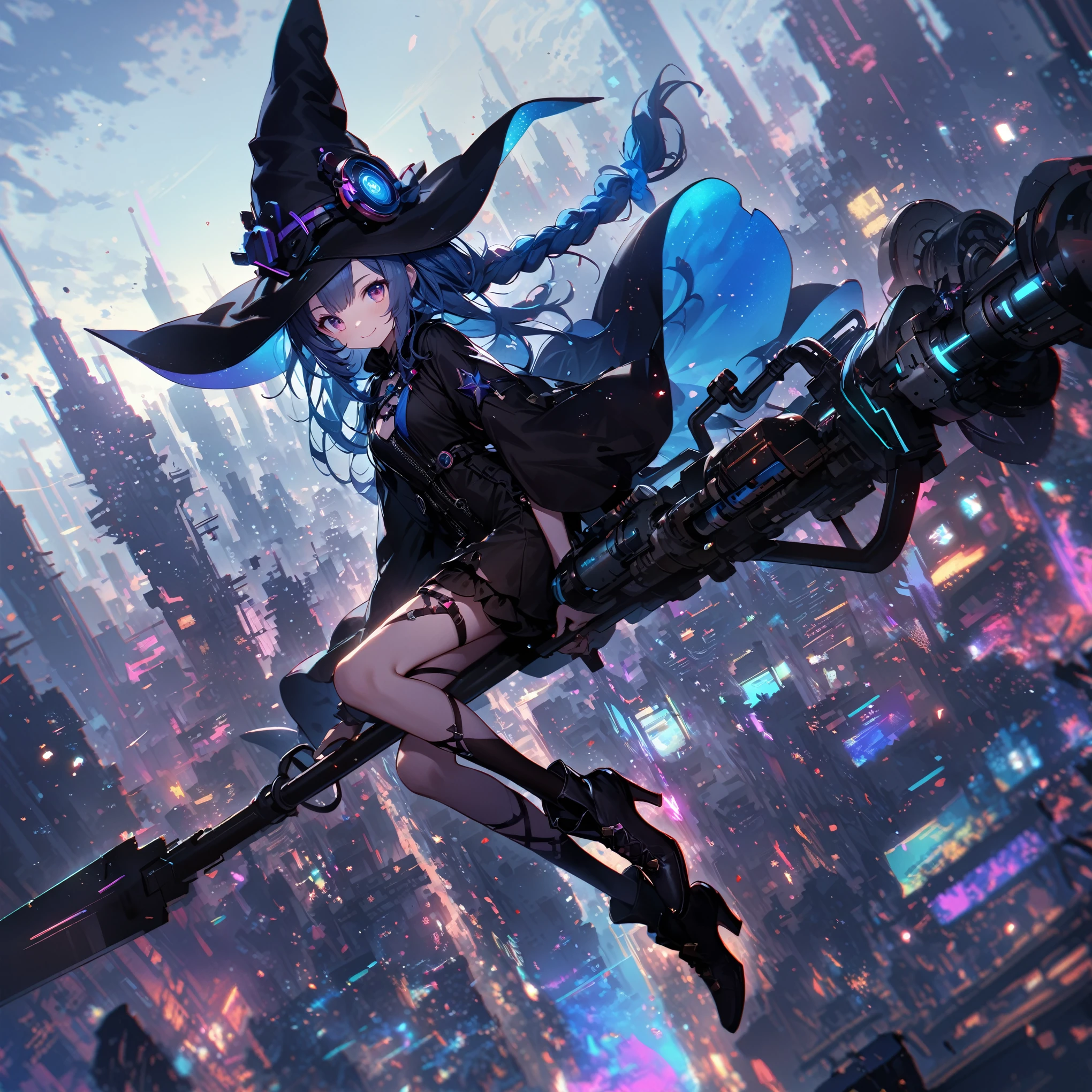 ultra-detailed concept art of a cute witch, solo, black witch hat, blue braid hair, magenta eyes, detailed black dress that glows in neon colors, She's flying over a cyberpunk city on a mechanical broom. The broom has jet engines. dutch angle, depth of field, glitch effect, light particles, chromatic aberration, smile, (masterpiece, best quality, beautiful illustration, very aesthetic)