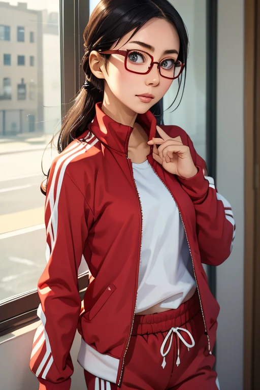 (masterpiece, highest quality), One girl, Satou, Satou, Glasses, 赤いフレームのGlasses, Under-rim eyewear, Satou, Glasses, 赤いフレームのGlasses, Under-rim eyewear, Track jacket, Track pants