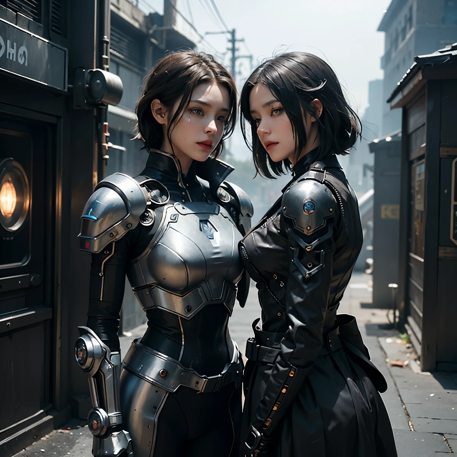 In the heart of a 2019 sci-fi movie, two humanoid robots stand side by side, their metallic exteriors gleaming under the 8k, 3D, cybersteampunk lighting. Their complex mechanisms hint at a futuristic blend of death and technology – robot cyborgs merging organics with metal. This still from the film Alita: Battle Angel echoes the aesthetic of dieselpunk cyborgs, their expressions blank, yet bearing an uncanny resemblance to humans. The machines, with their intricate gears and glowing circuits, exude an otherworldly air, frozen in time, still from the movie's mesmer
