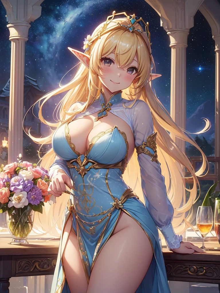 最high quality、Best image quality、masterpiece、Beautiful Face、Super beautiful elf girl((22 year old office lady with big breasts、Bust 90,Beautiful long ironed hair、blonde、height: 165cm。、sexy、Esbian、Beautiful tiara、Night with a glass、high quality、美しいart、galactic creation、canopy、background((星nullスキー)))、ビジュアルart、Written boundary depth、、Elf Ears、、Lightのmagic、universe、Happy smile、穏やかなLight、Elven Forest、elegant、ticker beautiful decorative、flower瓶magicのflower、flowerを作るmagic、Light、 null、Beautiful dressy、Beautiful dress、table、giant galaxy、myth、art、、sexy、A kind smile、wonderful、舞い散るflowerびら、Spectacular landscapes、Beautiful Landscape、universeのmagic、magicのLight、Fantasy、flower、super REALITY、magic、universeを飛ぶ、、Grow Fantasy、、mysteryのLight、Byzantine、Art Nouveau、 たくさんのflower、、art、art,mystery,Ultra-high resolution,magicalgentle light,sexy、