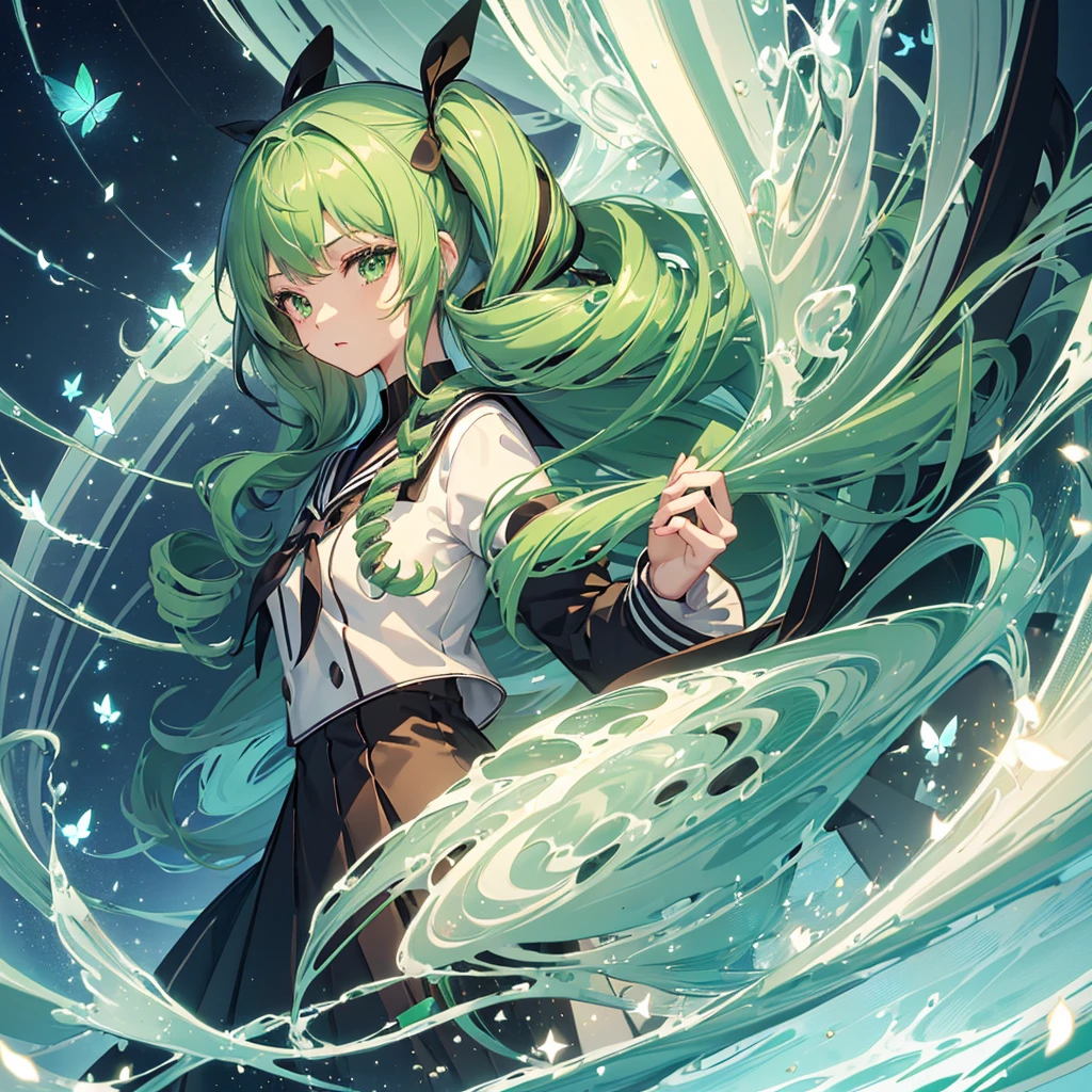 ((Green Hair　Twin Drill　Black Ribbon　Sailor suit　City of night))　((Flowing hair　High angle　high school girl))　(Blue Butterfly　mysterious　Streaks of Light)　star　彗star　