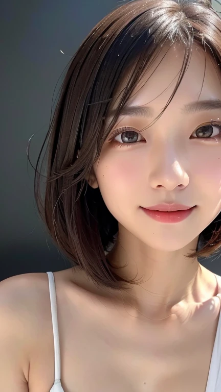 (((Close-up of face)))、(((Absolutely shoulder-length brown straight short bob)))、(((She is posing like a hair salon model, with a black wall indoors as the background.)))、(((business suit)))、Half Japanese, half Korean、18 year old girl、Standing Alone、Looking forward、Light eye makeup、Brown Hair Color、Flat and 、Hair blowing in the wind、Actress Quality、Glossy, ultra-realistic face、Smiling face、Watery eyes、Gazing Up、Subtle lighting effects、 Ultra-Realistic Capture、Very detailed、High resolution 16K close up of human skin。Skin texture must be natural、The details must be such that pores can be clearly seen、The skin is healthy、Uniform tone、Use natural light and colors、A worn-out, high-quality photo taken by a model agency's in-house photographer.、smile、(((SIGMA 300 mm F/1.4,1/1000 sec shutter,ISO 400)))