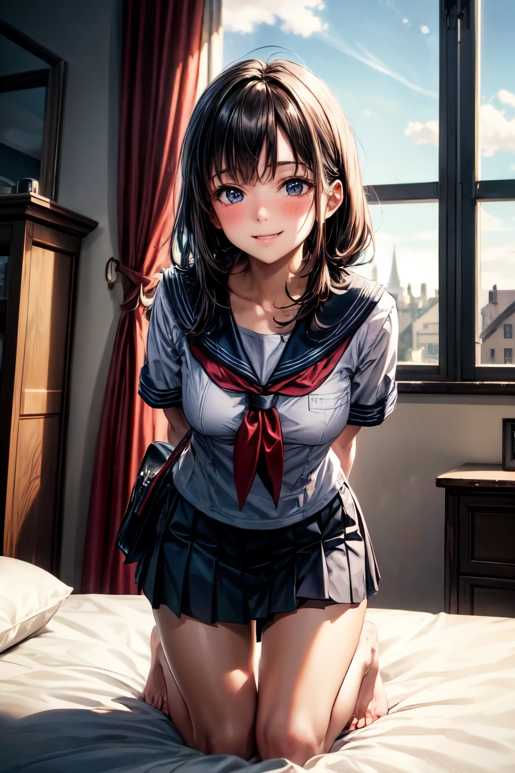 very cute and beautiful girl,(highly detailed beautiful face), (seductive smile:1.2),blush,embarrassed,looking at viewer,black hair,serafuku,short sleeve,pleated navyblue mini skirt, kneeling on bed sheet,arms behind back,school bag,pouch,antique hotel bedroom,window,distant town view, (best quality,masterpiece:1.0),absurdres,highres,ultra-detailed,extremely detailed,32k,8k resolution, intricate details,cinematic scene,detailed background,solo,dynamic angle, perfect hands,