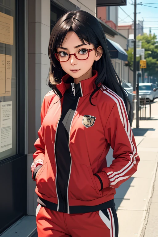 (masterpiece, highest quality), One girl, Satou, Satou, Glasses, 赤いフレームのGlasses, Under-rim eyewear, Satou, Glasses, 赤いフレームのGlasses, Under-rim eyewear, Track jacket, Track pants